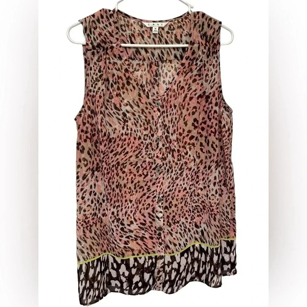 CAbi Beguila Button down sheet sleeveless Animal Print Cheetah Leopard Blouse